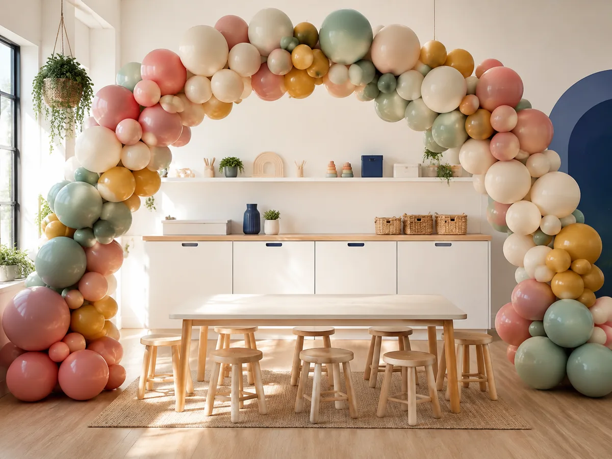 Pastel balloon arch over a craft table