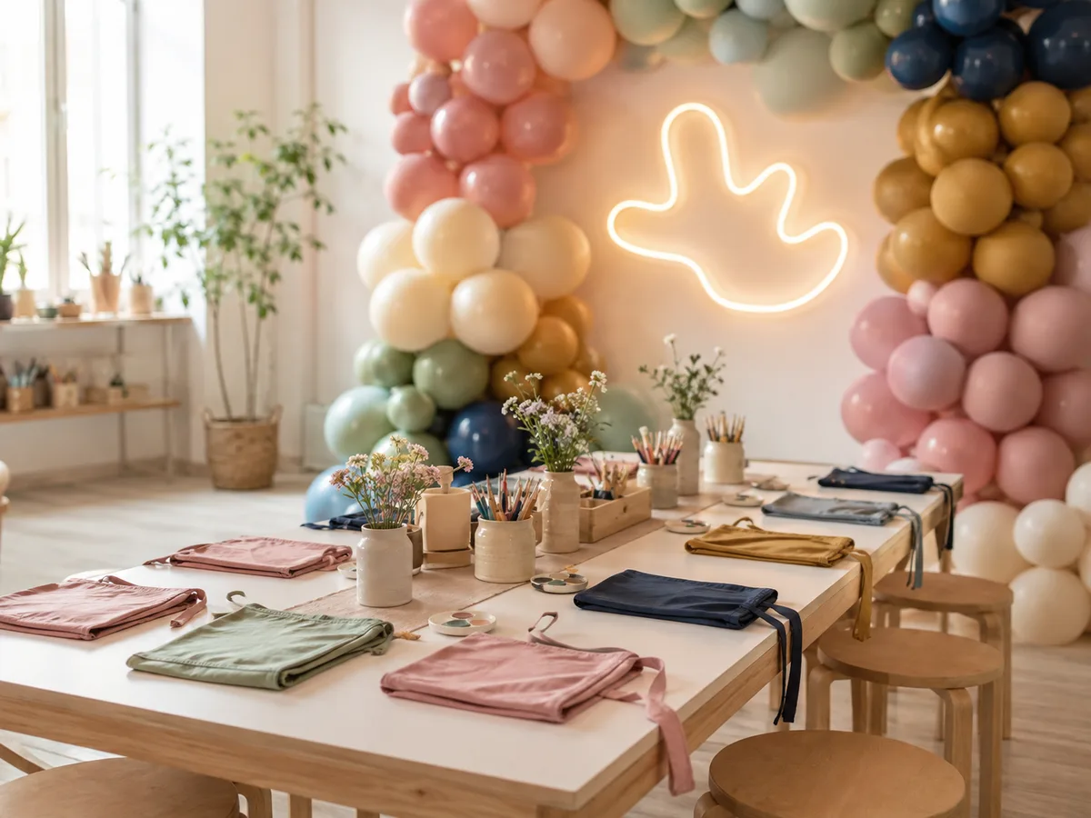 Party table set up with a balloon arch and neon sign