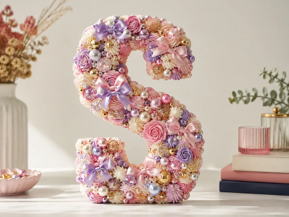 Decorative letter covered in decoden clay, bows and beads